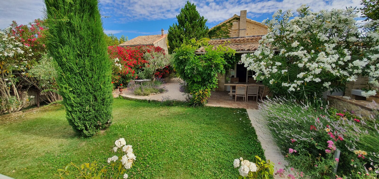 Le jardin fleuri du mas au printemps, vue sur la terrasse provençale